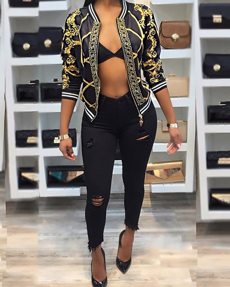 Long Sleeve Baroque Print Bomber Jacket