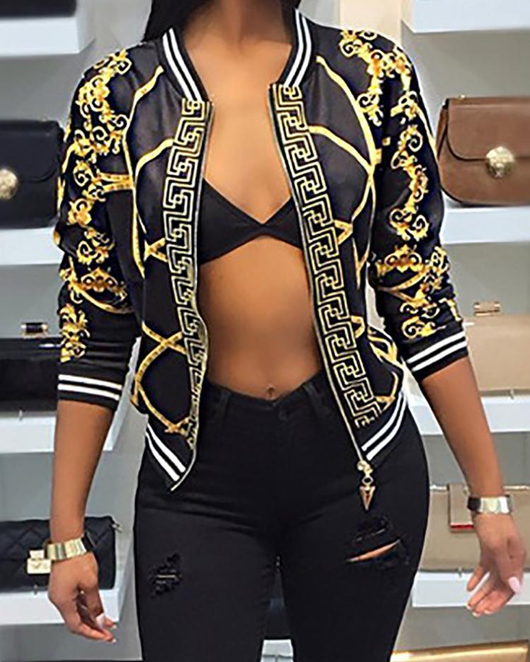 Long Sleeve Baroque Print Bomber Jacket