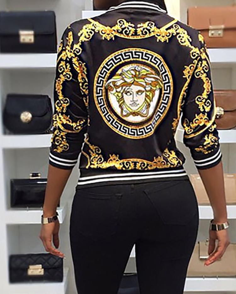 Long Sleeve Baroque Print Bomber Jacket