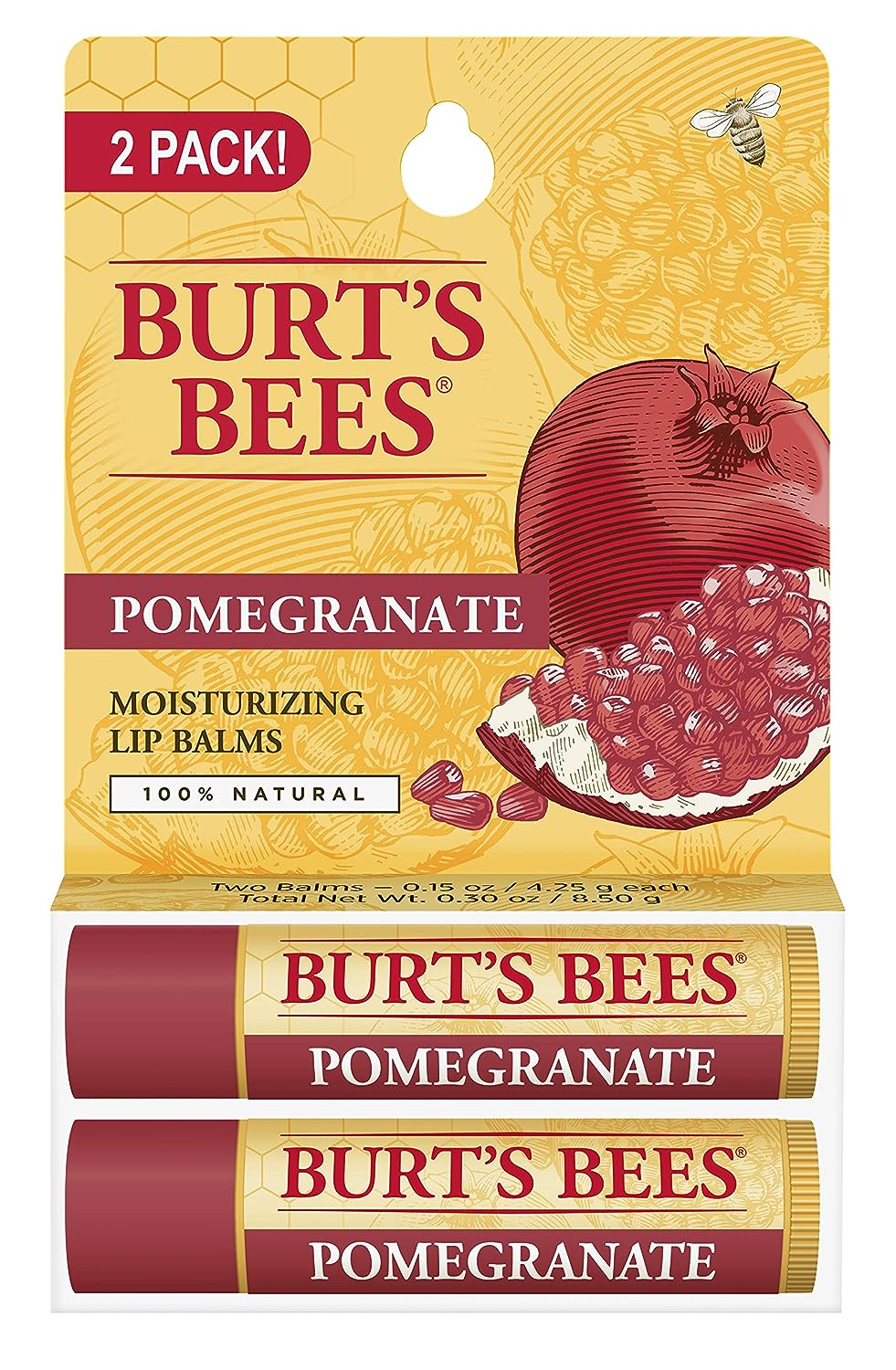 Burt's Bees Lip Balm, Moisturizing Lip Care, All Natural, Original Beeswax with Vitamin E &amp; Peppermint Oil -Pomegranate (2 Pack)