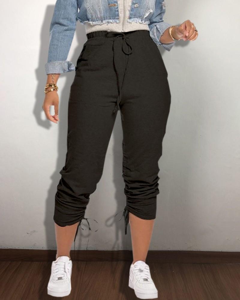 tie detail drawstring solid casual pants