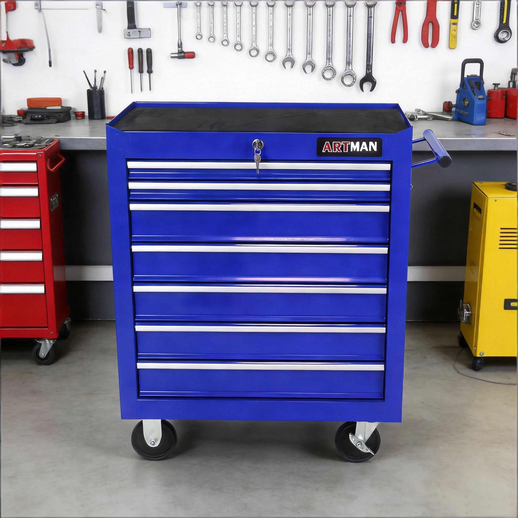 7 Drawers Rolling Tool Chest & Tool Box on Wheels | Heavy Duty Metal Cart with Ball Bearing Drawers | Fits US General Tool Box for GaraStora(Blue, 7 Drawers（29.9" H × 24.2" W × 12.9" D)
