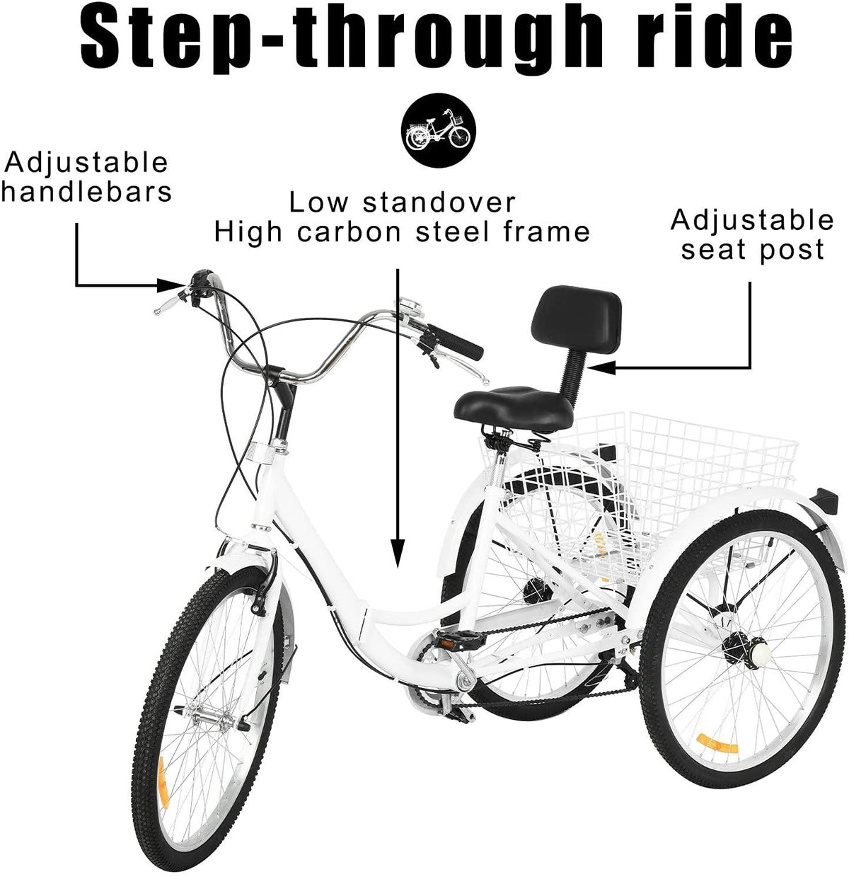Adult Foldable Tricycles,7 Speed Cruiser Bike,26-in Wheelswith Cargo Basket Three Wheel Cruiser Bike,Backrest Saddle Load 350 Pounds Adult Trikes for Men Women