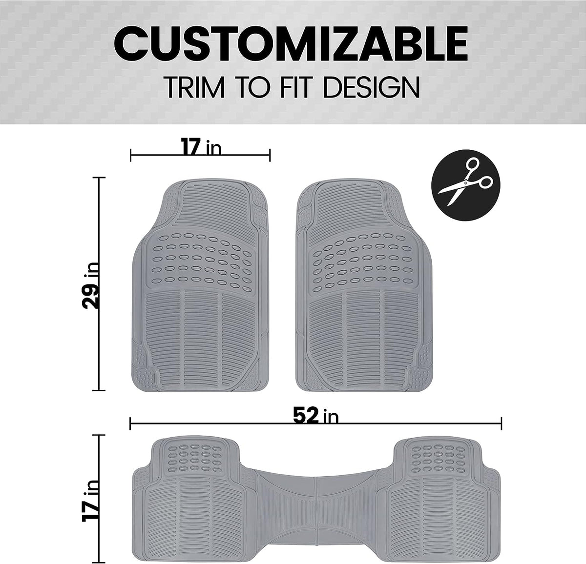 BDK Original ProLiner 3 Piece Heavy Duty Front &amp; Rear Rubber Floor Mats for Car SUV Van &amp; Truck, Gray - All Weather Floor Protection with Universal Fit