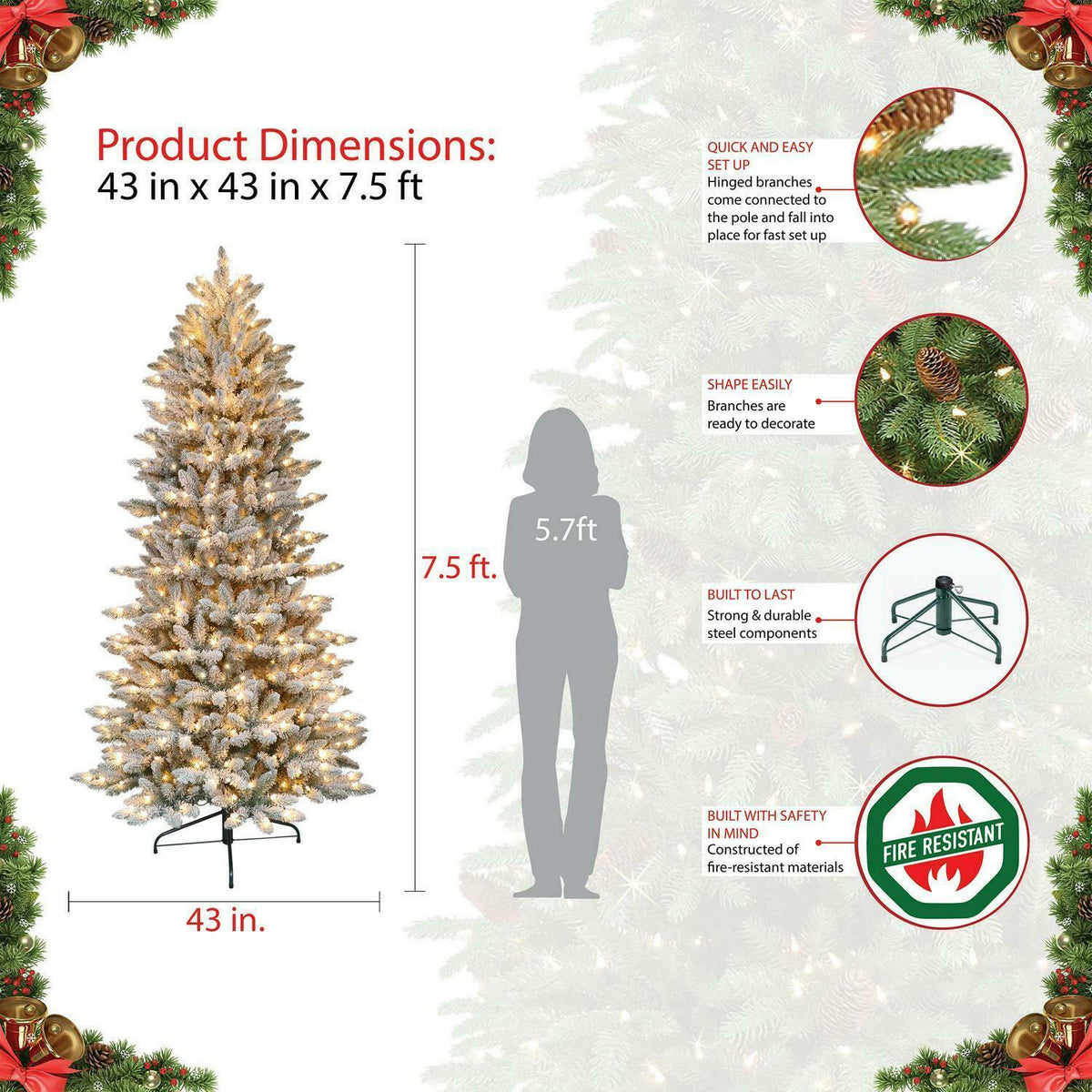 7.5Ft Pre-Lit Flocked Slim Fraser Fir Artificial Christmas Tree 500 Clear