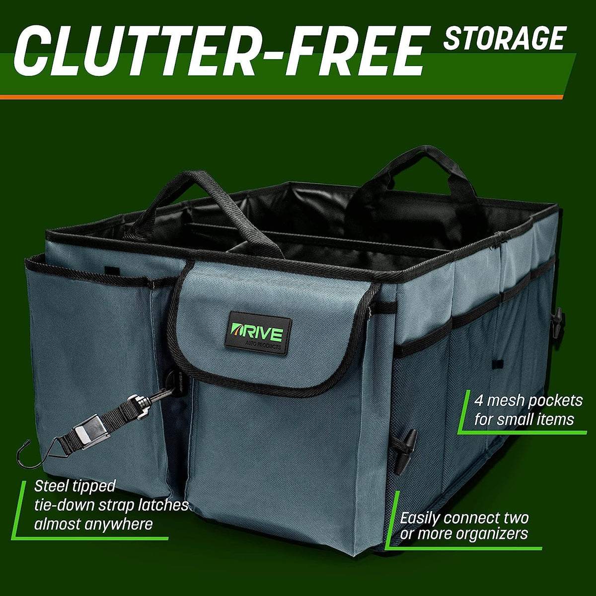DRIVE AUTO PRODUCTS - Compact Black Car Trunk Organizer with Adjustable Straps