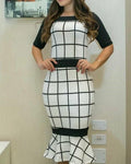 Contrast Color Grid Print Pep Hem Bodycon Dress
