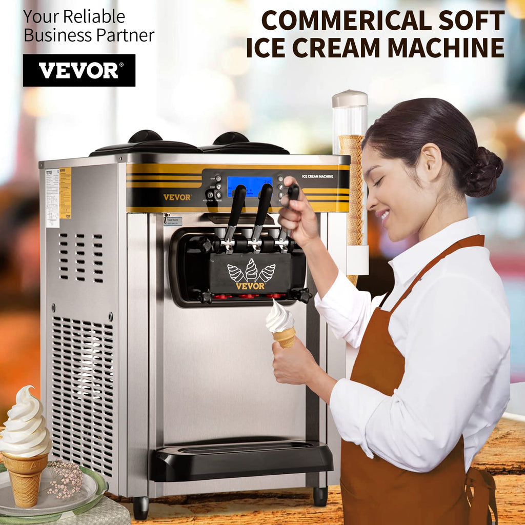 Commercial Ice Cream Maker, 22-30L/H Yield, Countertop Soft Serve Machine with 2x6L Hopper 2L Cylinder LCD Panel Puffing ShortaAlarm, Frozen Yogurt Maker for Restaurant Snack Bar