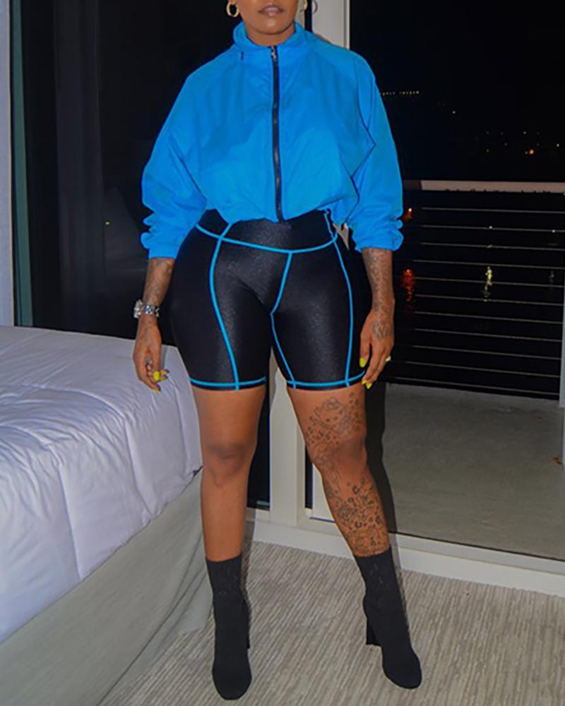 zipper sporty coat &amp; contrast piping short set