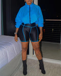 zipper sporty coat &amp; contrast piping short set