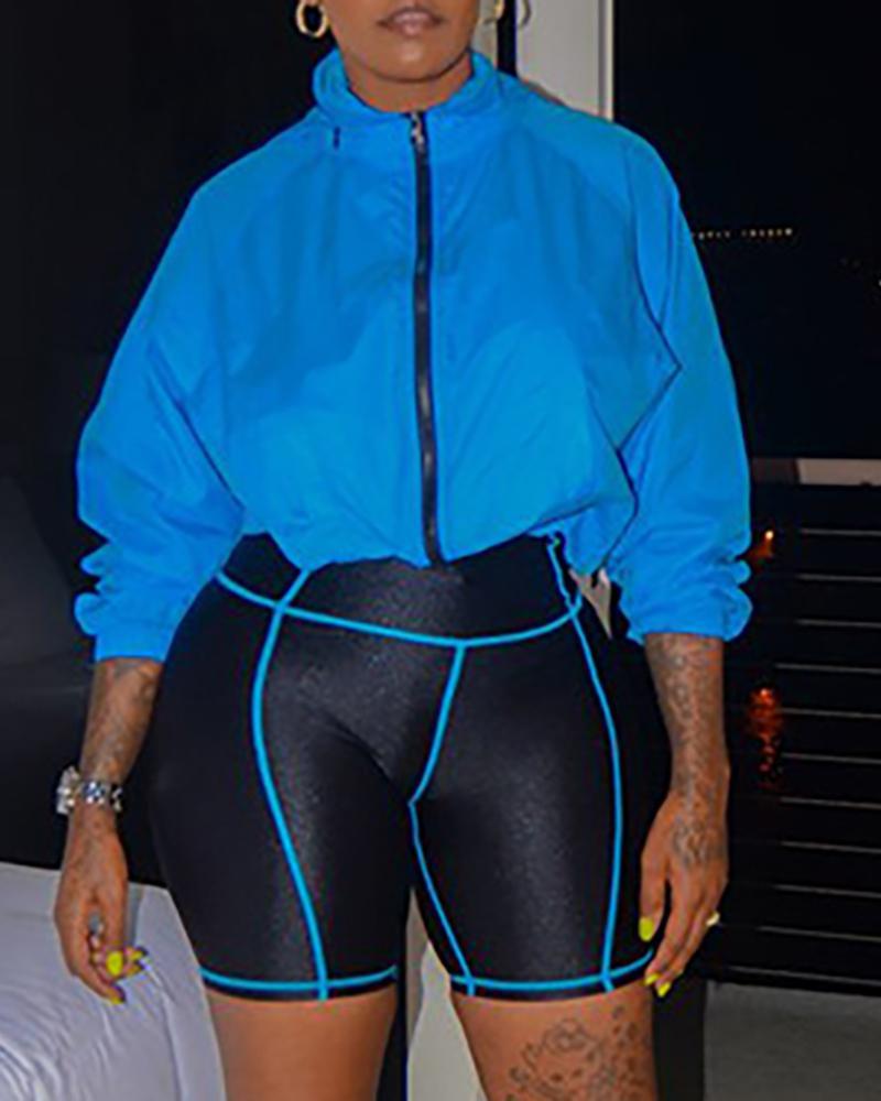 zipper sporty coat &amp; contrast piping short set