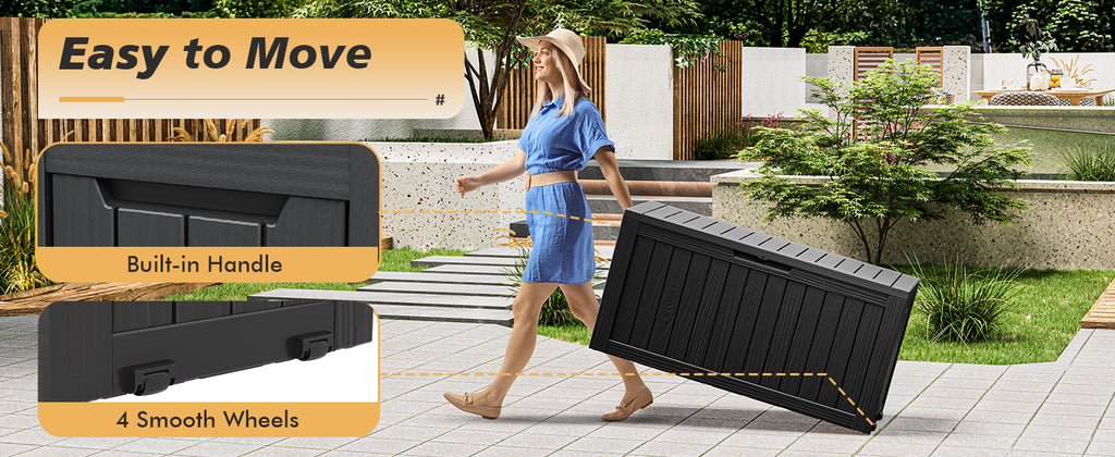 75 Gallon Outdoor Deck Box Waterproof, LarStoraBox for Patio, Resin StoraBench Lockable for Garden Tools, PackaDelivery, Black