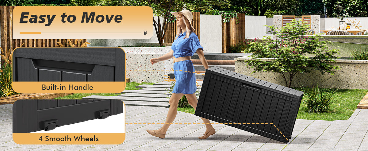 75 Gallon Outdoor Deck Box Waterproof, LarStoraBox for Patio, Resin StoraBench Lockable for Garden Tools, PackaDelivery, Black