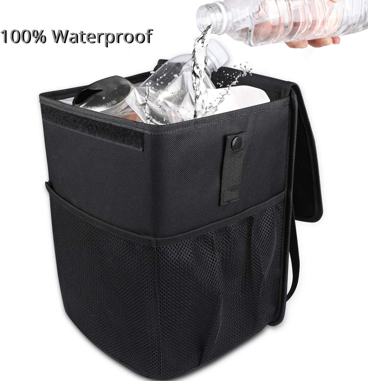 PowerTiger CAR ACCESSORIES Hanging Car Trash Can Bin - Car Garbage Cans Bag with Lid &amp; 3 Mesh Storage Pockets 2.64 Gallon