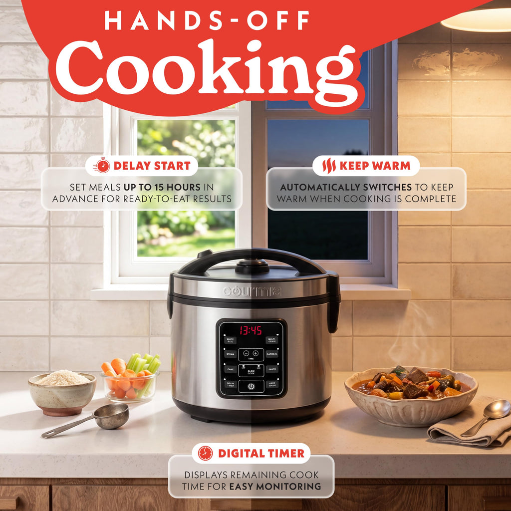 Rice Cooker – 5 Qt Capacity, 20 Cup Cooked, 10 Cup Uncooked, Digital Controls, 6 CooPresets, Grain Cooker & Steamer, Nonstick Pot, Steam Tray, Delay Timer, Keep Warm,  Steel