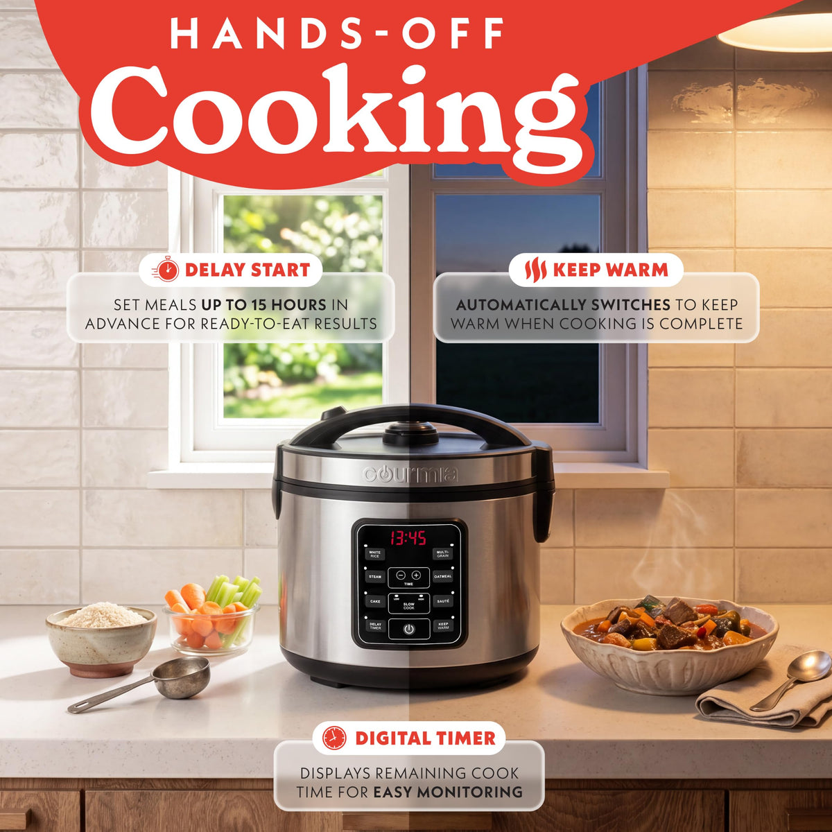 Rice Cooker – 5 Qt Capacity, 20 Cup Cooked, 10 Cup Uncooked, Digital Controls, 6 CooPresets, Grain Cooker & Steamer, Nonstick Pot, Steam Tray, Delay Timer, Keep Warm,  Steel