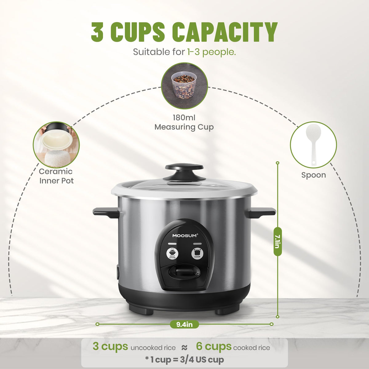 3-Cup Uncooked Rice Cooker Small - Ceramic Coating Non-Toxic Inner Pot, One-Touch Multifunction for Rice/Sauté/Yogurt, Dishwasher Safe, 1-3 People Size,  Steel