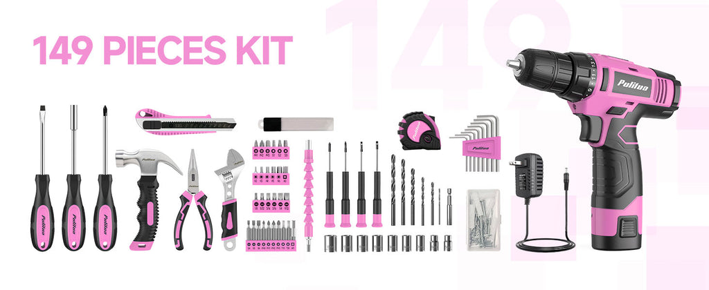 Drill Set, 149-Piece Home Tool Set with 12V Pink Cordless Drill, Tool Box, Hand Tool Kits for Women & Men and DIY Enthusiasts, for Home Improvement