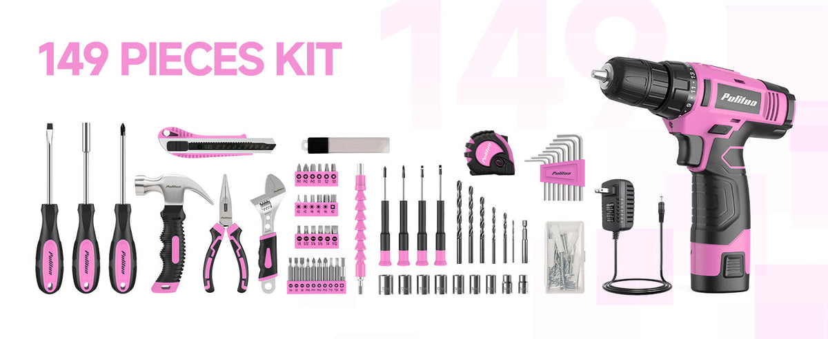 Drill Set, 149-Piece Home Tool Set with 12V Pink Cordless Drill, Tool Box, Hand Tool Kits for Women & Men and DIY Enthusiasts, for Home Improvement