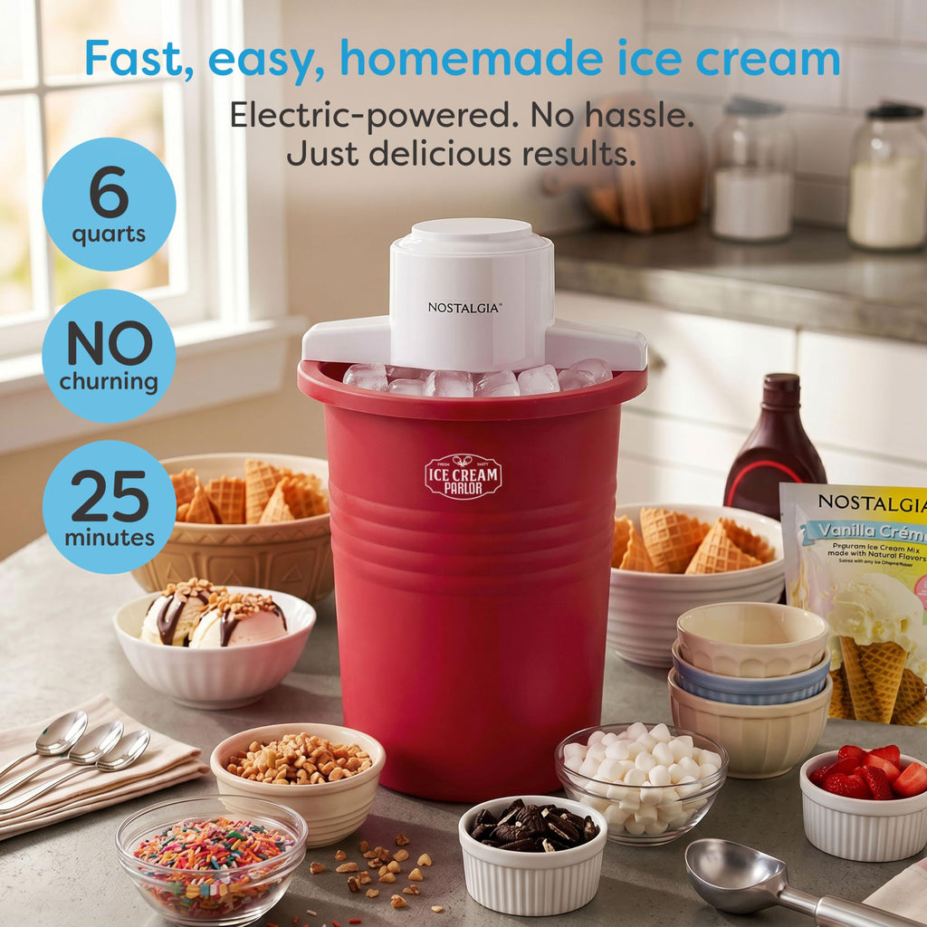 Electric Ice Cream Maker With 6 Qt Capacity- Ice Cream Machine Makes Frozen Yogurt or Gelato in Minutes- Ice Cream Maker with Aluminum Canister- Red