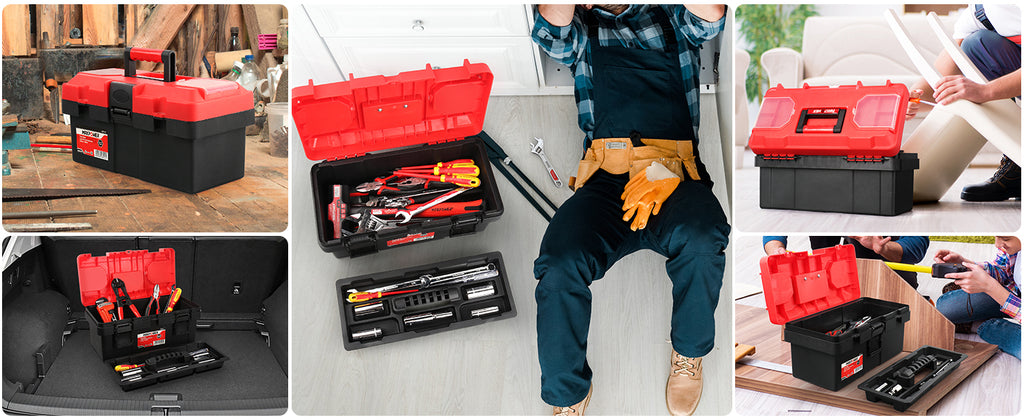 Tool Box 16 inch, Plastic Small Tool Box with Latch and Removable Tray, Lockable Toolbox for Home