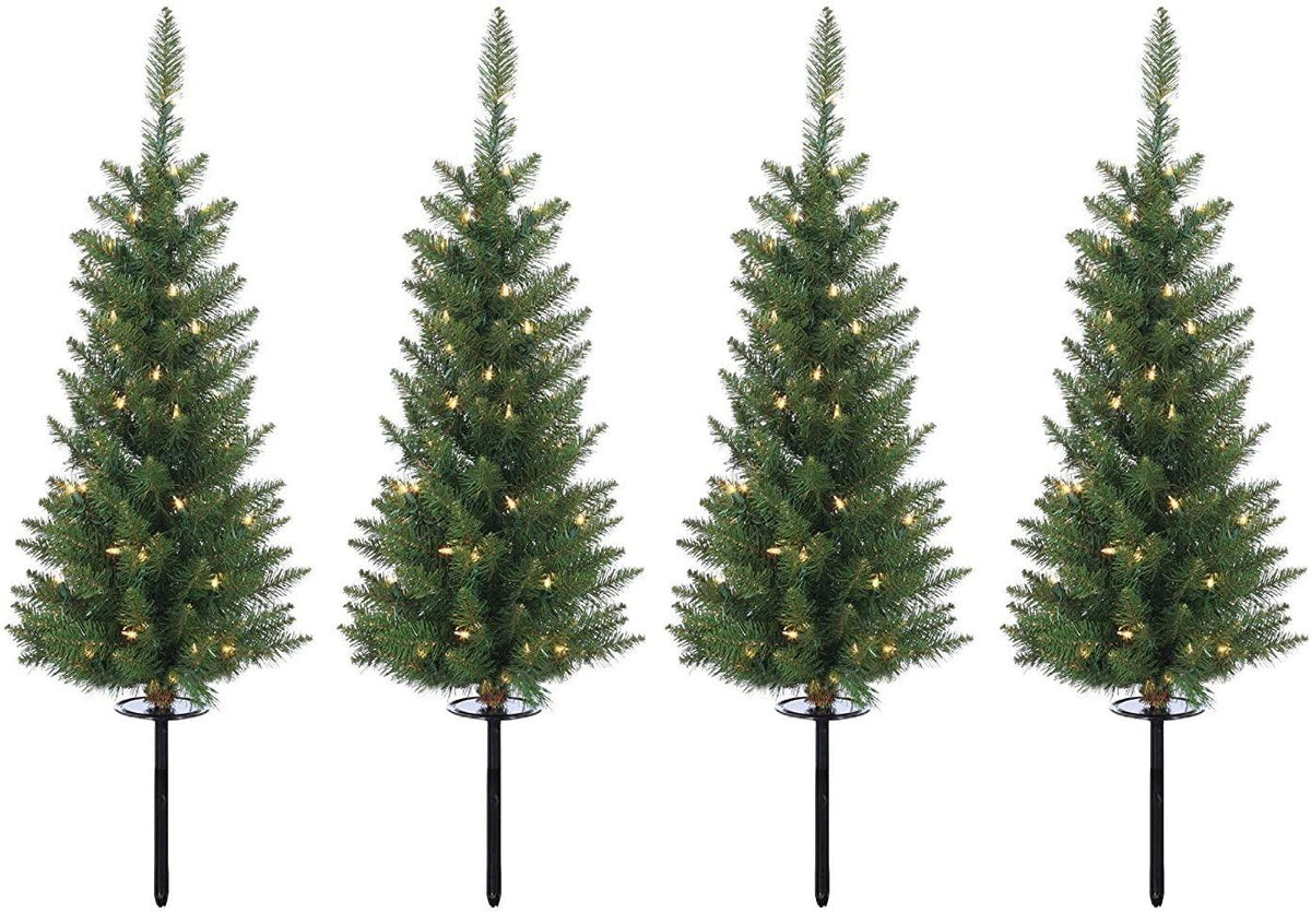 Set of 4 Lighted 3 Feet High Christmas Pathway Trees with Yard Stakes - Battery Operated with Timer and Functions