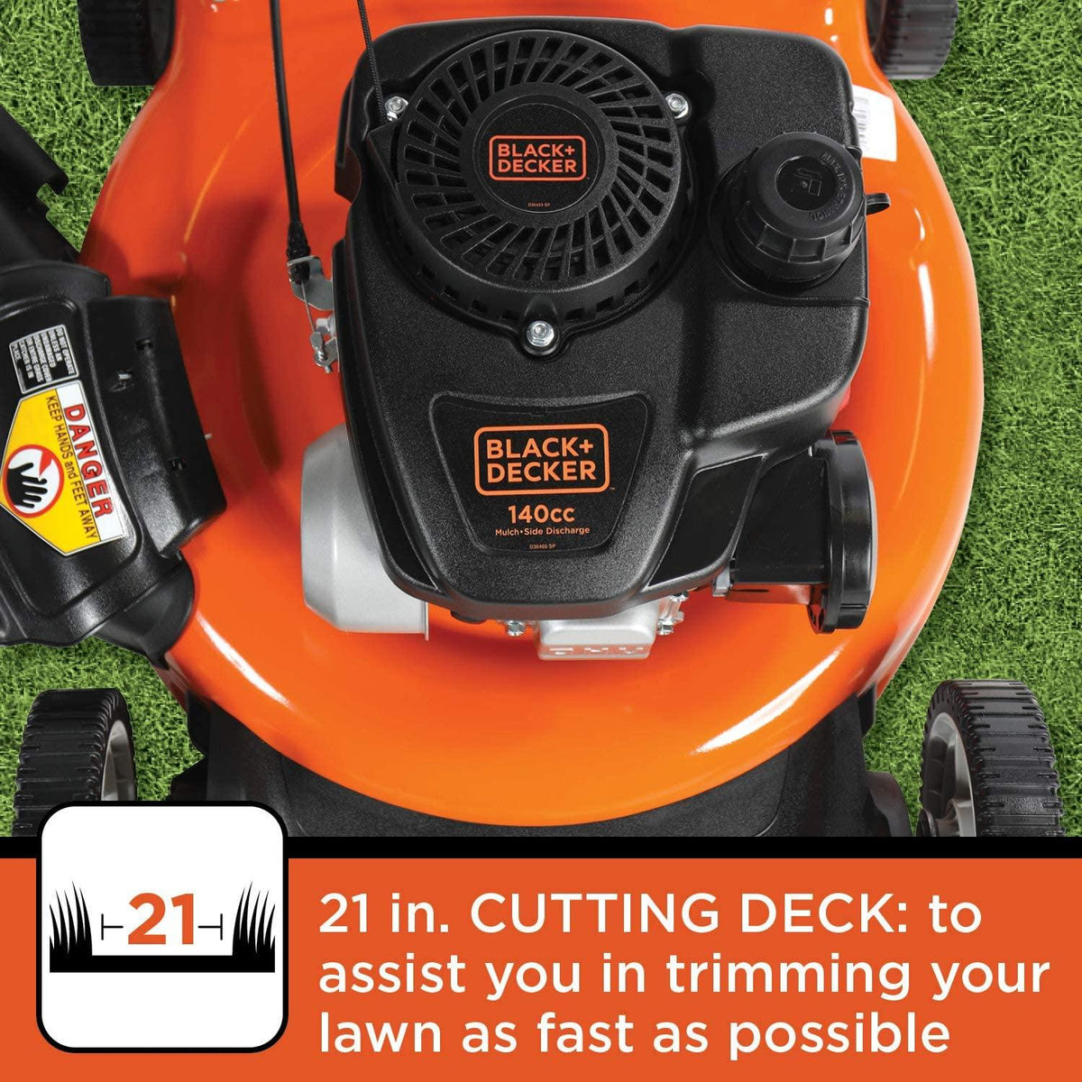 BLACK+DECKER 140cc OHV 21-Inch 2-in-1 Walk-Behind Push Gas Powered Lawn Mower - Perfect for Small to Medium Sized Yards - Side Discharge and Mulching Capabilities, Black and Orange