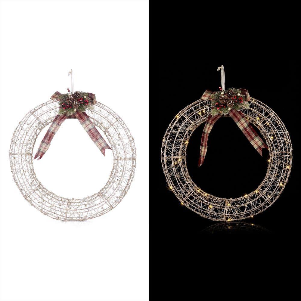 Hanging Christmas Wreath Decoration with Warm White LED Lights, Gold