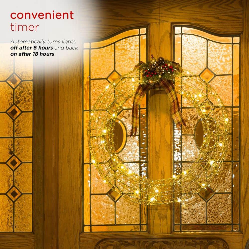 Hanging Christmas Wreath Decoration with Warm White LED Lights, Gold