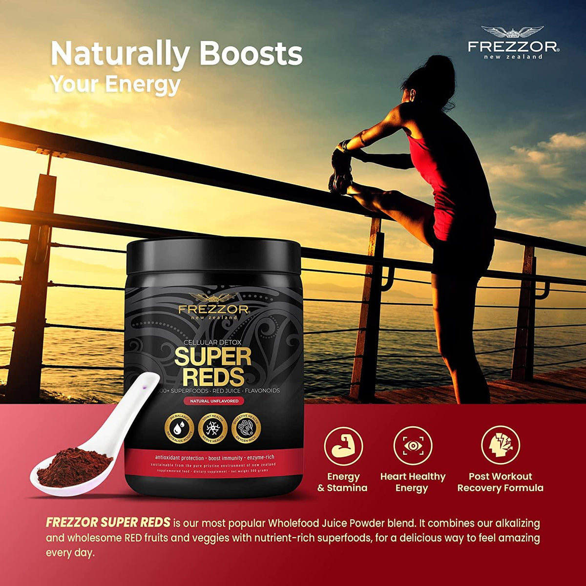 FREZZOR Super Reds Powder with UAF1000+, All-Natural New Zealand Red Superfood with Essential Red Fruits, Veggies Berries & Beets, Antioxidants, Enzymes, Energy Drink, 1500 Grams, 150 Serves, 5 Jars