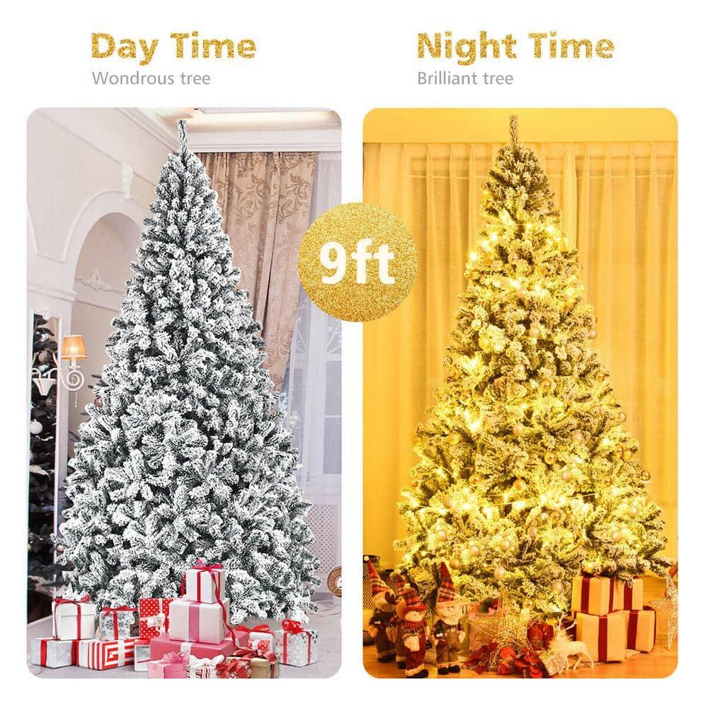 9 ft. Unlit Premium Snow Flocked Hinged Artificial Christmas Tree with Metal Stand