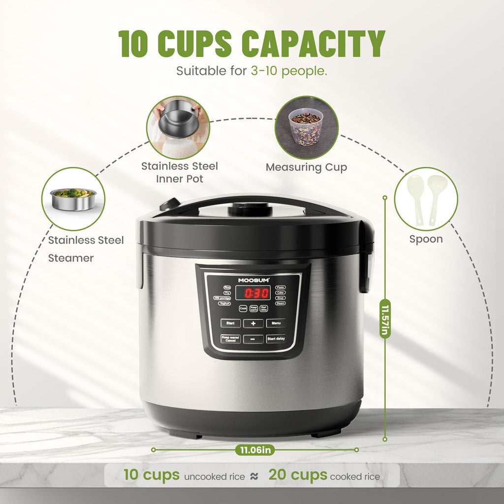 20 Cup Cooked (10 cup uncooked) Rice Cooker with 8 Functions, Healthy Coo Steel Pot & Steamer, Removable Inner Cover,  Steel Silver