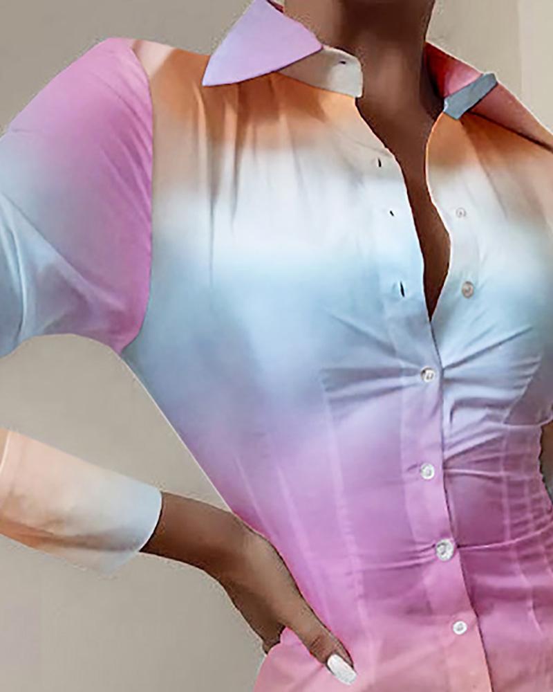 ombre colorblock buttoned skinny shirt dress