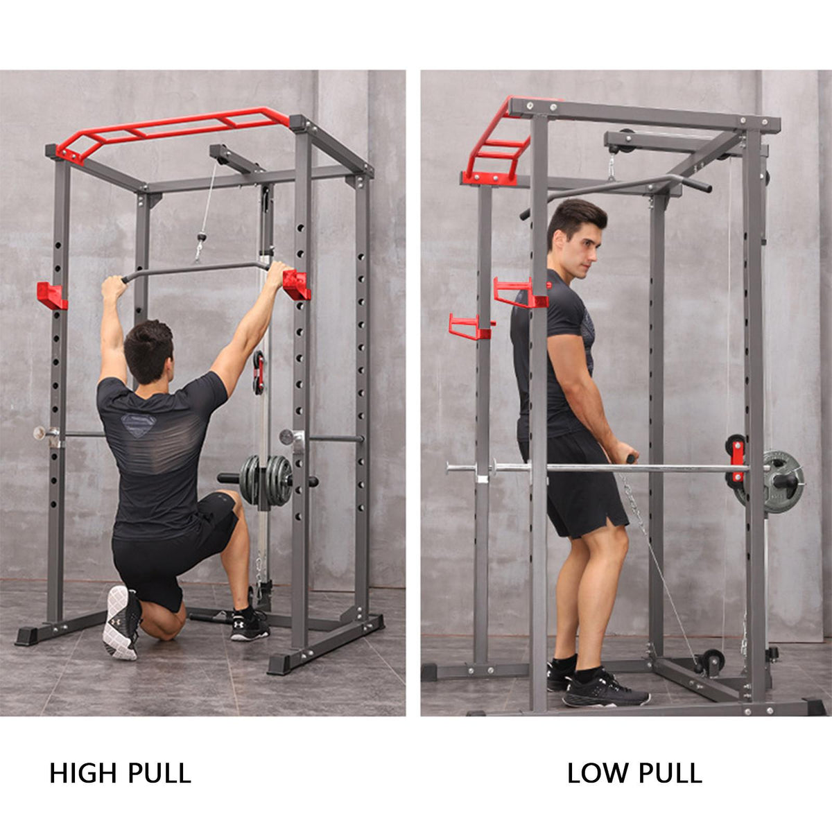 VONCOS Olympic Power Cage, 1000 lbs Light Commercial Weight CaWithsafety Bars and Other Attachments (Red-Black Power Ca)