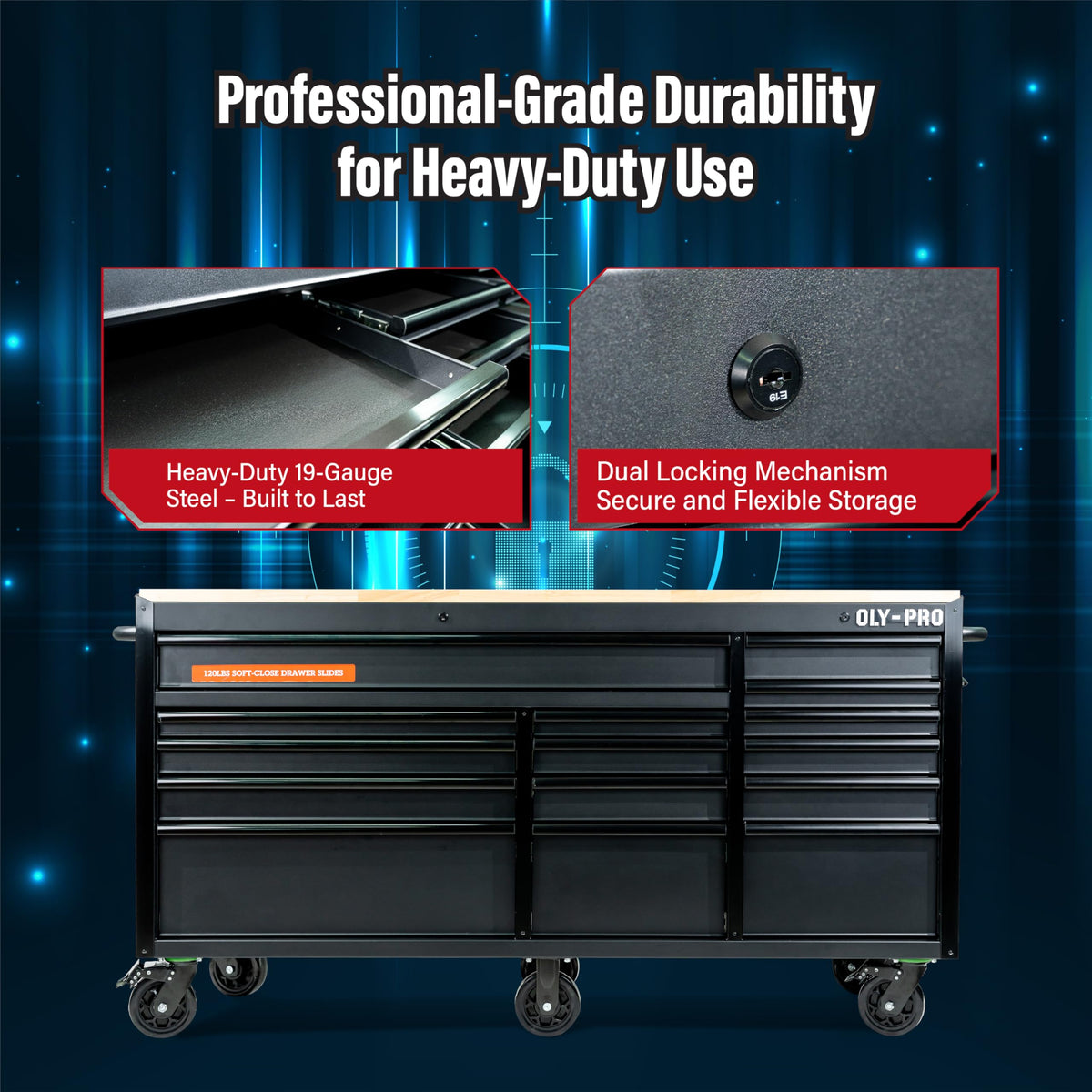 72 inch Heavy Duty Mobile Tool Chest Tool Box, with Solid Top Workbench, 15-Drawer Rolling Tool Chest, Tool StoraOrganizer for Garage, Workshop, and Home, Black