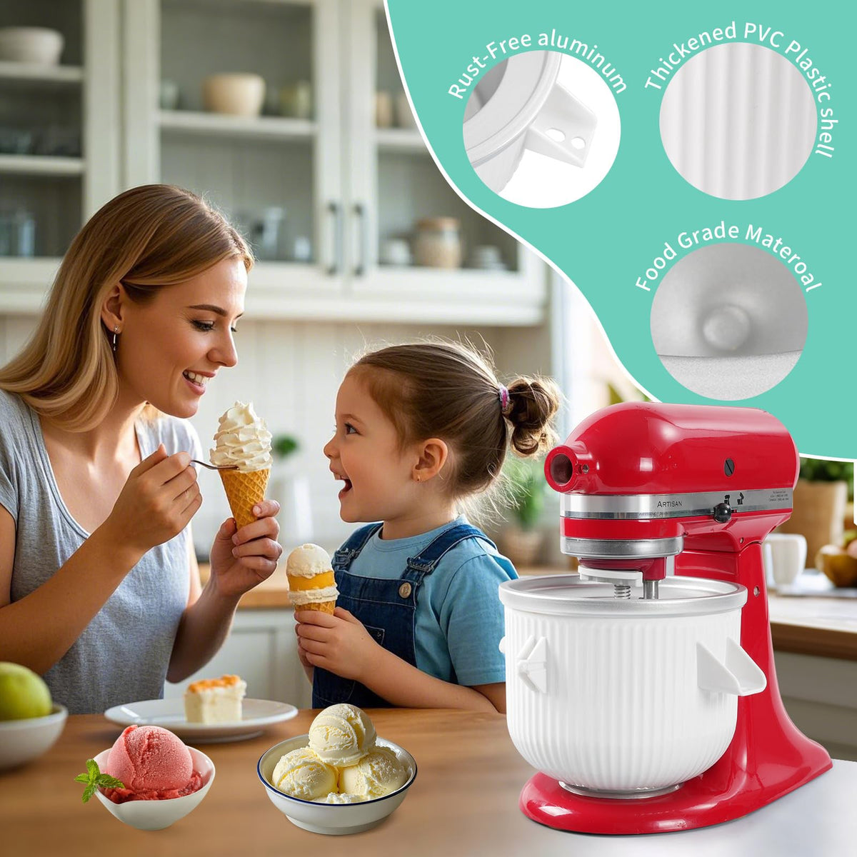 Ice Cream Attachment Compatible with  4.5/5/6/7QT Mixers | Makes 2 Quarts of Ice Cream,Compatible with  Ice Cream Maker Attachment,Dishwasher safe(Not Fit 3.5QT Mixers)