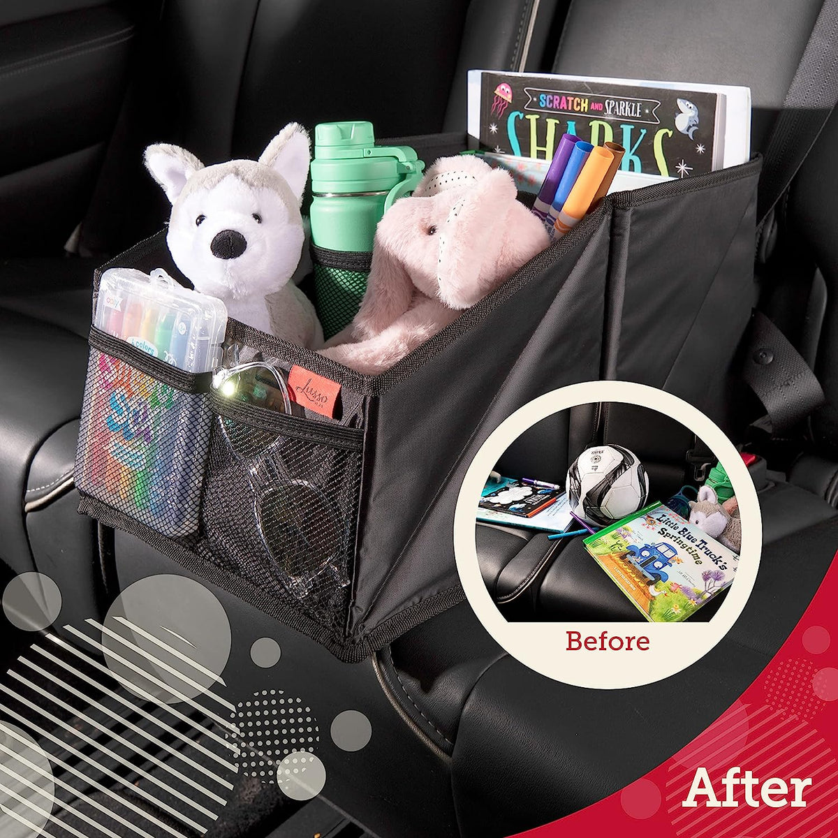 Lusso Gear Car Seat Organizer with Cup Holders for Front, Back, Passenger Seats, Truck and Van, 9 Auto Storage Compartments for Travel Organization of Trunk, Seats, Mobile Office (Gray)