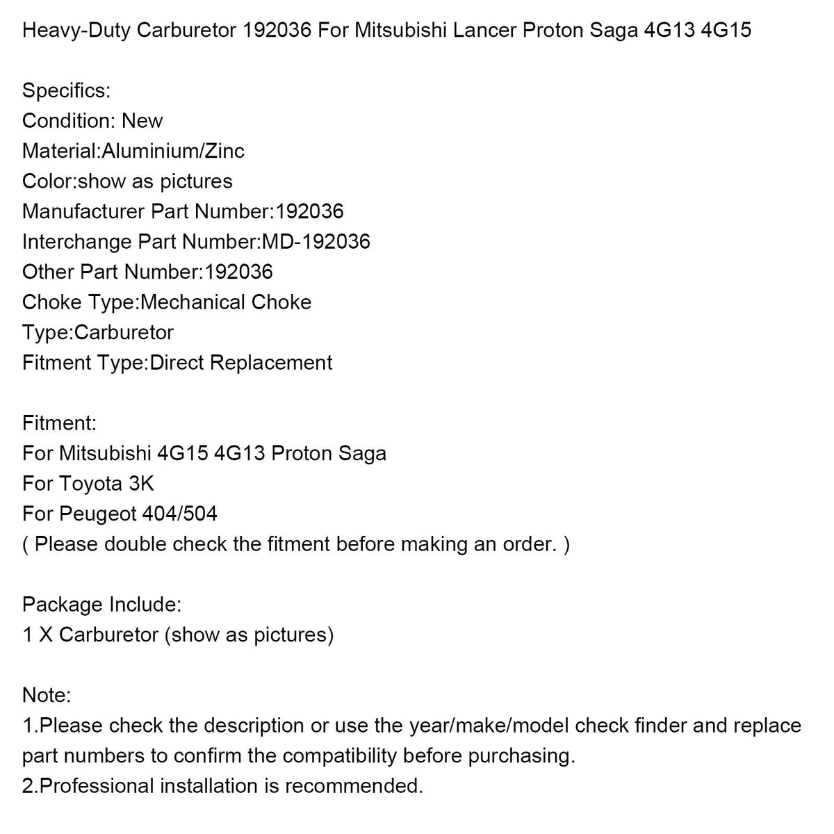 Heavy-Duty Carburetor 192036 Fit Mitsubishi 4G15 4G13 Proton Saga/ Toyota 3K/ Peugeot 404 504 Generic