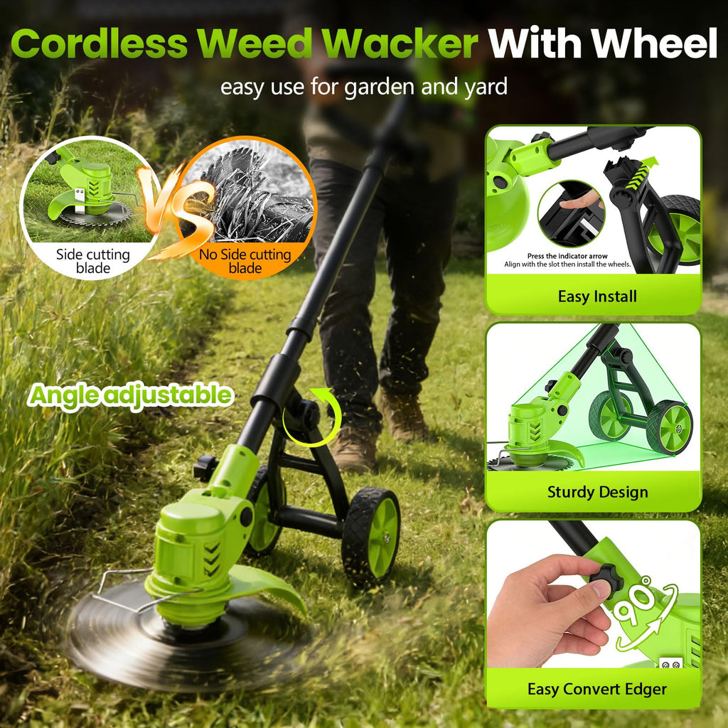 Weed Wacker Battery Powered with Wheel, Electric Weed Eater Cordless Brush Cutter String Trimmer, 4000mAh Stringless Weed Trimmer Lightweight Grass Trimmer Mower, 2 Battery and Charegr