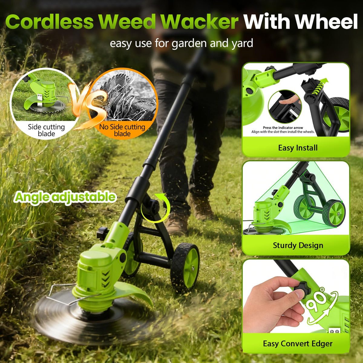 Weed Wacker Battery Powered with Wheel, Electric Weed Eater Cordless Brush Cutter String Trimmer, 4000mAh Stringless Weed Trimmer Lightweight Grass Trimmer Mower, 2 Battery and Charegr