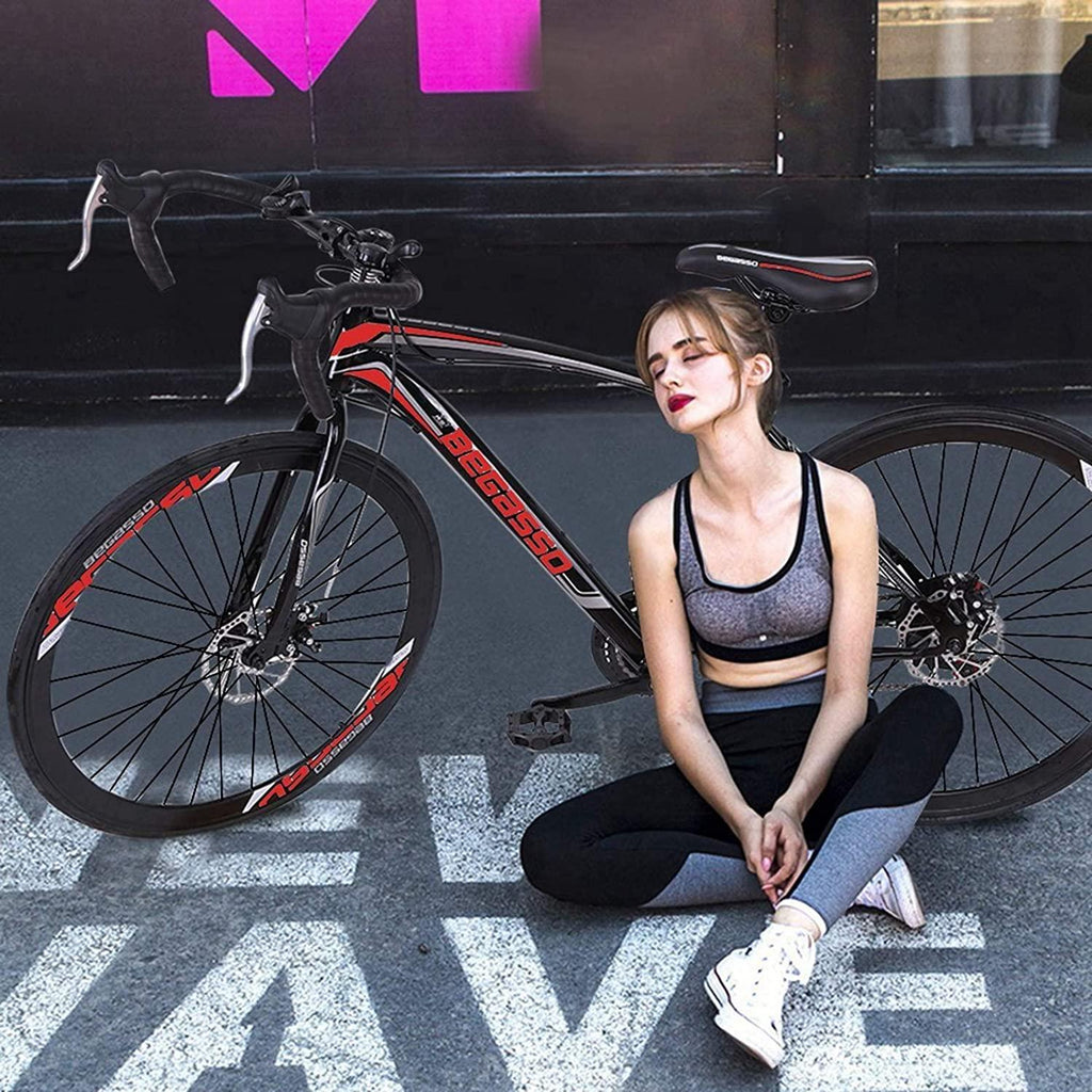 TEEGUI Adult Wen and Women Begasso s Bike,Suspension Road Shockproof Bike 21 Speed Disc Brake,26-inch Wheels,21-Speed Drivetrain,700c, Bike-High-Carbon Steel Frame,Black Red【US Stock】