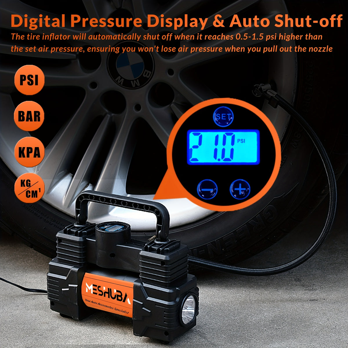 MESHUBA Tire Inflator 12V Portable Air Compressor, 150PSI Air Pump For Car Tires With Digital Pressure GauFor Car Bike Motor Ball, Orange