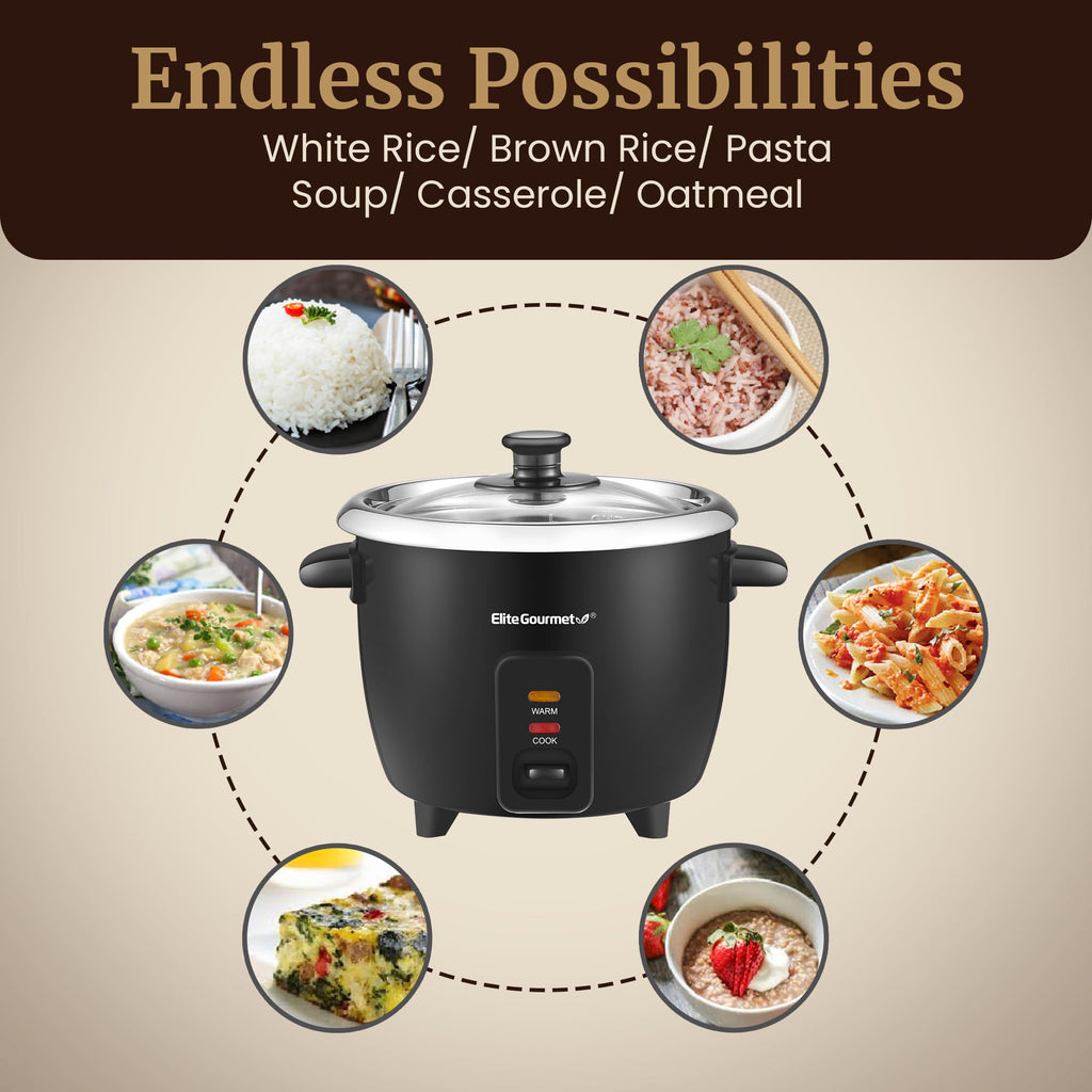 ERC006SS 6-Cup Electric Rice Cooker with  Steel Inner Pot, Makes Soups, Stews, Porridges, Grains and Cereals, 6 cup (3 cups uncooked), Black