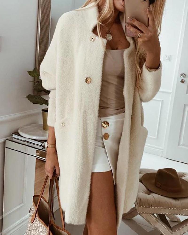 pocket design open front buttoned fluffy cardigan