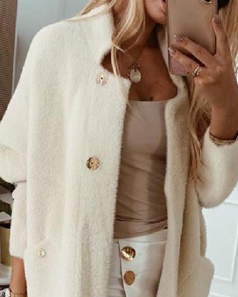 pocket design open front buttoned fluffy cardigan