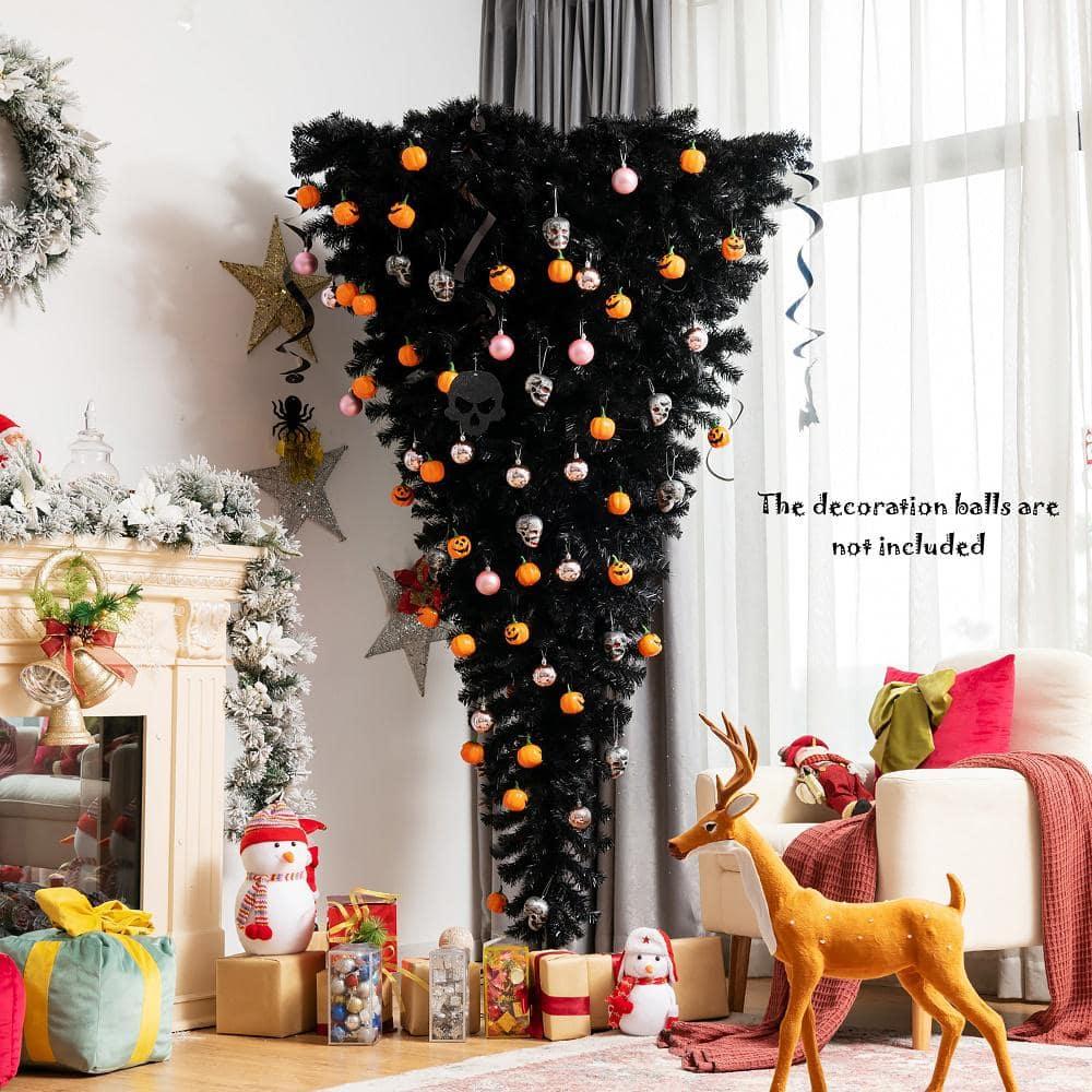6 ft. Upside Down Artificial Christmas Tree Halloween Tree Black with 270 Purple LED Lights