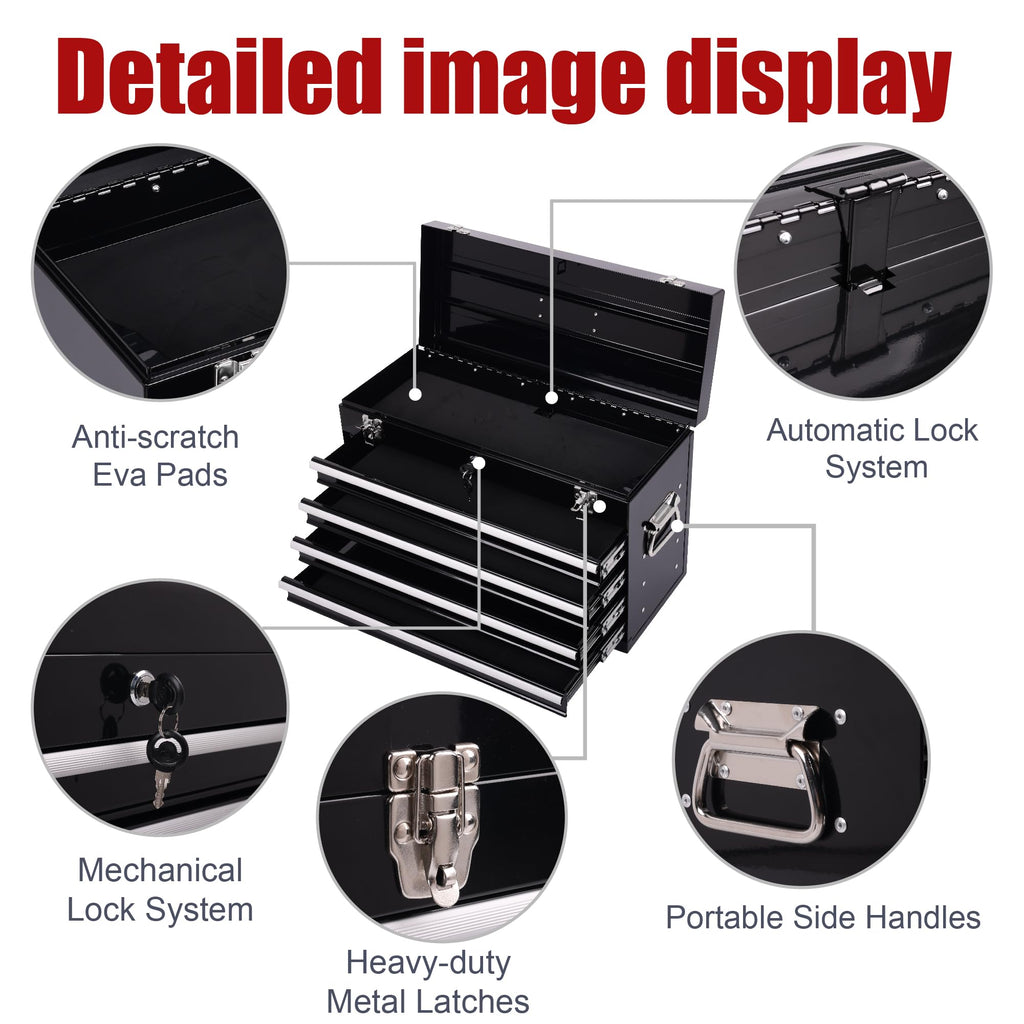 21-Inch Heavy Duty Metal Tool Box,4-Drawer Portable Steel Tool Chest with EVA Liners,Ball Bearing Slides,Lock & Lid, Powder Coated,200LBS,Garage/Workshop/Home/Auto Mechanics Stora(4, Black)