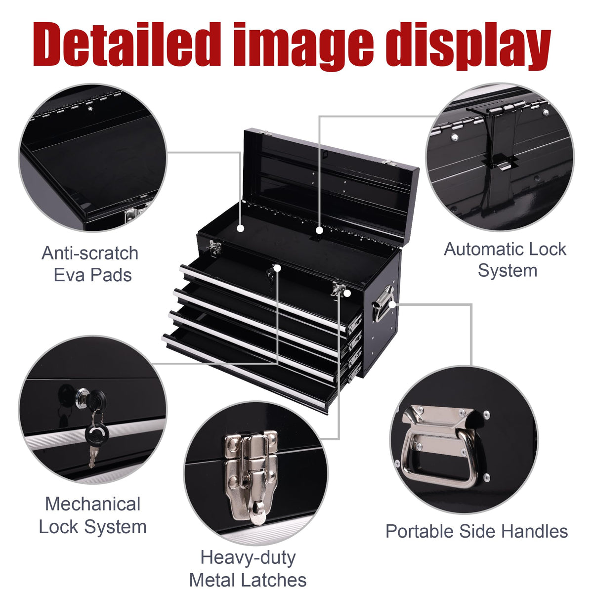 21-Inch Heavy Duty Metal Tool Box,4-Drawer Portable Steel Tool Chest with EVA Liners,Ball Bearing Slides,Lock & Lid, Powder Coated,200LBS,Garage/Workshop/Home/Auto Mechanics Stora(4, Black)