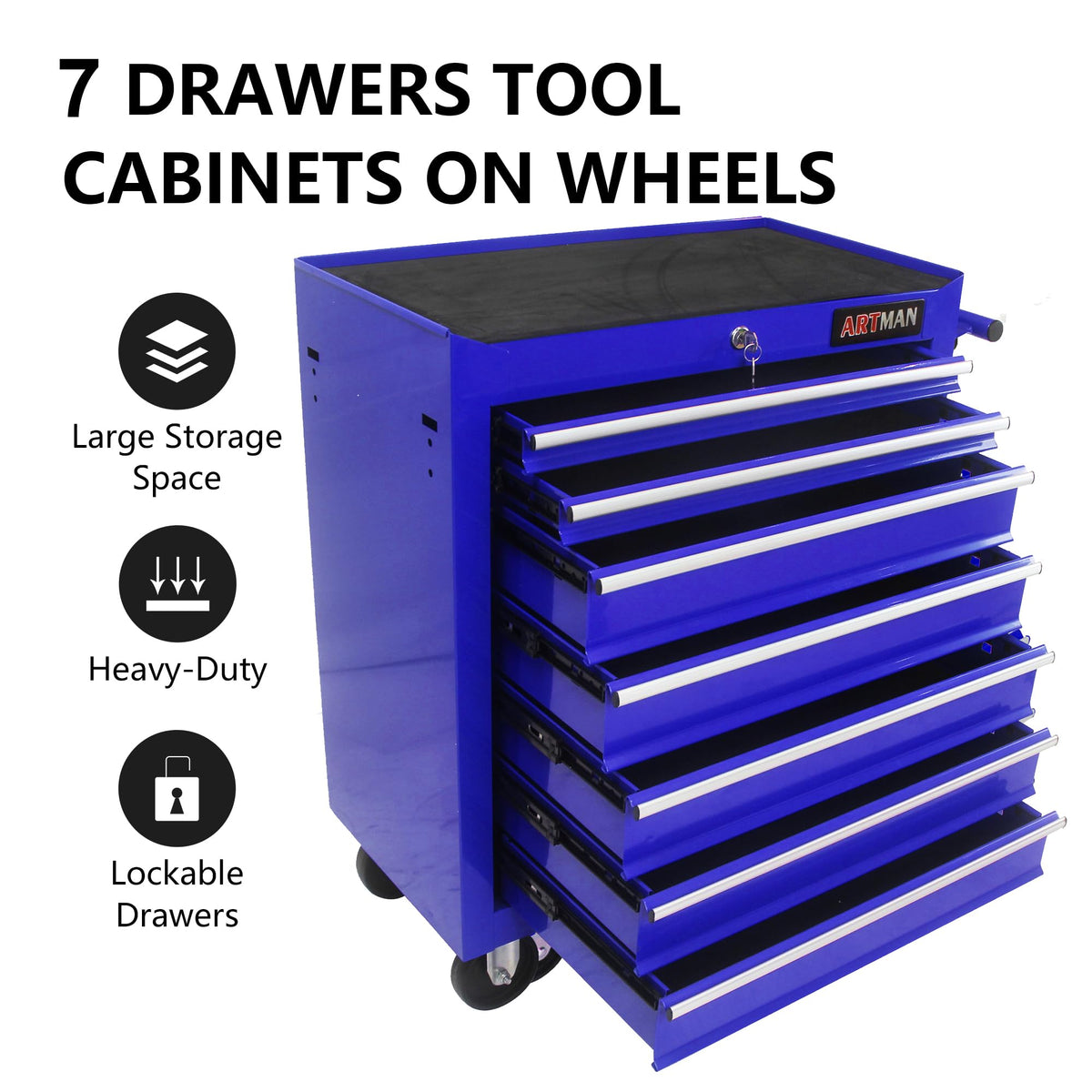 7 Drawers Rolling Tool Chest & Tool Box on Wheels | Heavy Duty Metal Cart with Ball Bearing Drawers | Fits US General Tool Box for GaraStora(Blue, 7 Drawers（29.9" H × 24.2" W × 12.9" D)