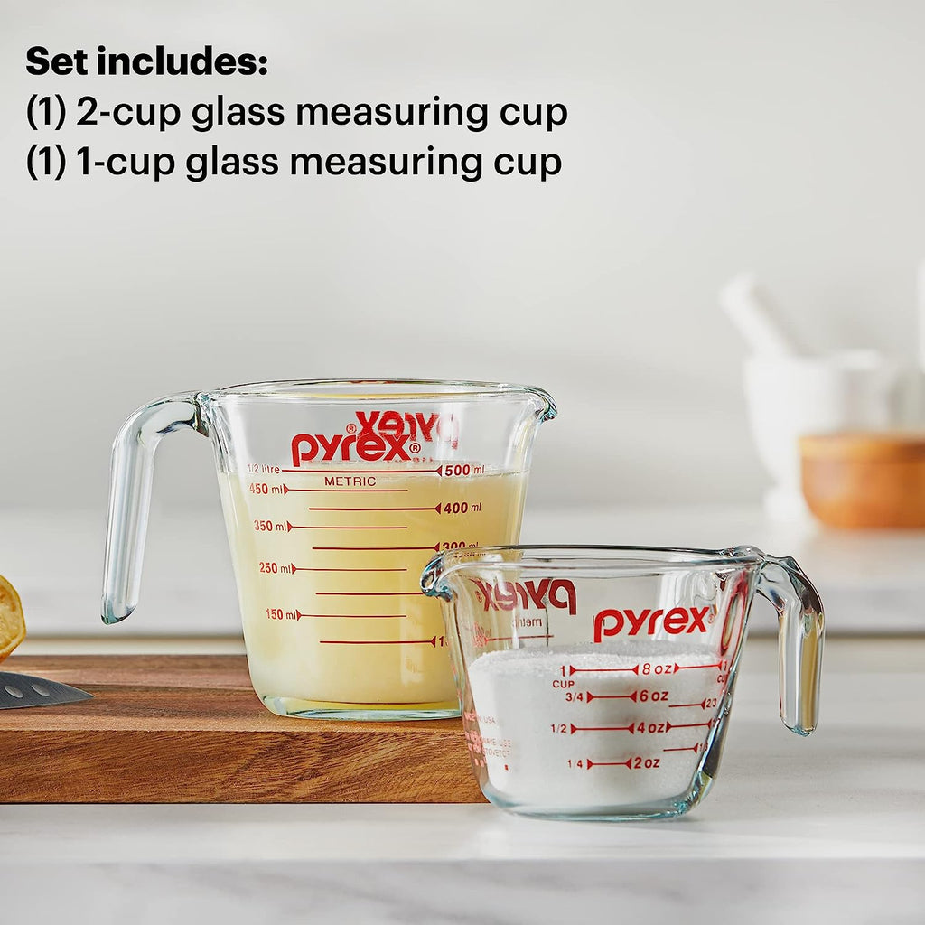Pyrex 2 Piece Glass Measuring Cup Set, Includes 1-Cup, and 2-Cup Tempered Glass Liquid Measuring Cups, Dishwasher, Freezer, Microwave, and Preheated Oven Safe, Essential Kitchen Tools